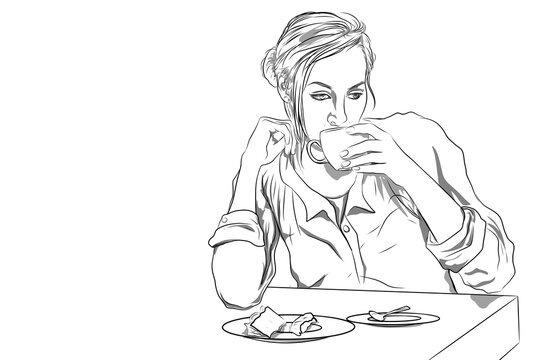 woman drinking coffee, black and white sketch clip art preview