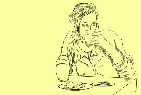 woman drinking coffee, line art, yellow background clip art preview
