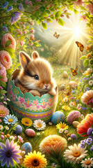 Fototapeta na wymiar Easter holidays surprise. Fluffy bunny peeking out / hatching from colorful Easter egg amidst radiant spring meadow.