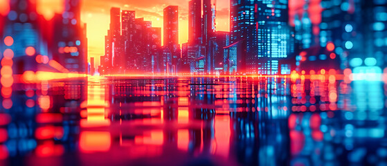 Futuristic City Lights: Neon Urban Landscape with Skyscrapers and Reflections