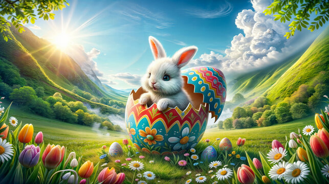 Easter holidays surprise. Cute bunny hatching from colorful Easter egg in lush valley. The scene, bathed in sunlight, showcases spring flowers and picturesque landscape.