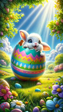 Easter holidays surprise. Fluffy bunny peeking out / hatching  from colorful Easter egg amidst radiant spring meadow.