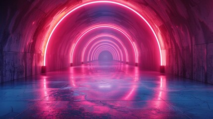 A futuristic tunnel bathed in pink and purple neon lights, creating a vibrant and surreal atmosphere