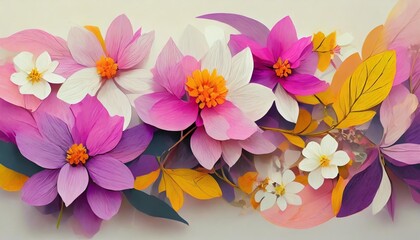 beautiful abstract color purple and pink flowers on yellow background and white and orange flower frame and pink leaves texture white background colorful banner happy valentine