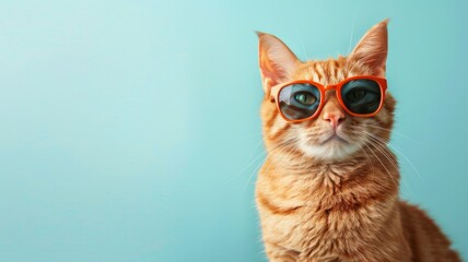 Cat wearing sunglasses on blue background