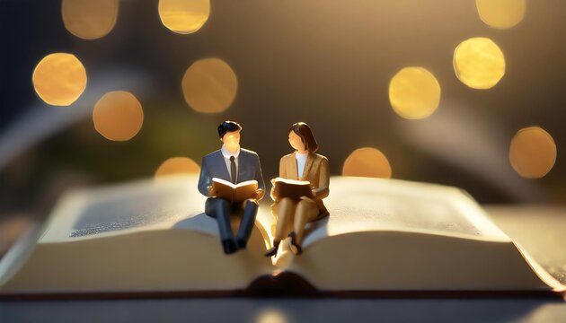 reading and hobby concept group of miniature mini figures businessman man and woman siting and read a book together on a big book