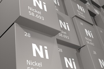 Nickel, 3D rendering background of cubes of symbols of the elements of the periodic table, atomic number, atomic weight, name and symbol. Education, science and technology. 3D illustration