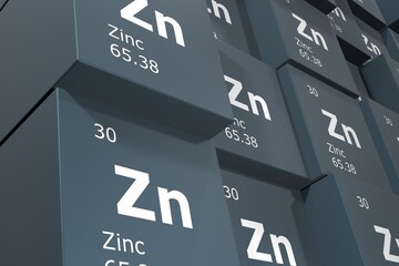Zinc, 3D rendering background of cubes of symbols of the elements of the periodic table, atomic number, atomic weight, name and symbol. Education, science and technology. 3D illustration