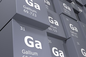 Gallium, 3D rendering background of cubes of symbols of the elements of the periodic table, atomic number, atomic weight, name and symbol. Education, science and technology. 3D illustration