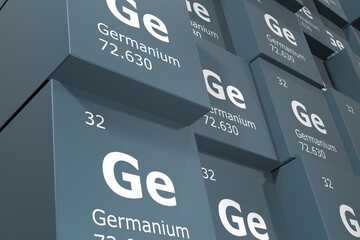 Germanium, 3D rendering background of cubes of symbols of the elements of the periodic table, atomic number, atomic weight, name and symbol. Education, science and technology. 3D illustration