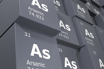 Arsenic, 3D rendering background of cubes of symbols of the elements of the periodic table, atomic number, atomic weight, name and symbol. Education, science and technology. 3D illustration - obrazy, fototapety, plakaty