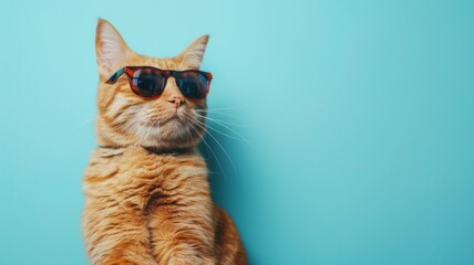 Cat wearing sunglasses on blue background