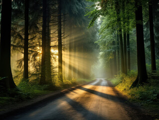 Obraz premium Sunlight and fog in the forest in the morning, the road in the middle of the forest is exposed to the morning sun