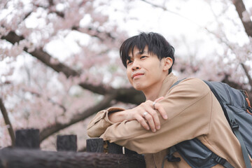 Portrait traveler asian man with backpack travel in japan spring sakura season