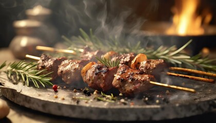 arrosticini italian lamb kebabs with rosemary and spices cooked over a brazier - obrazy, fototapety, plakaty