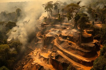 Amazon rainforest fire forest destruction deforestation ecological disaster eco-friendly eco global impact environment protection earth climate change danger endangered species wildfire burn emergency - obrazy, fototapety, plakaty