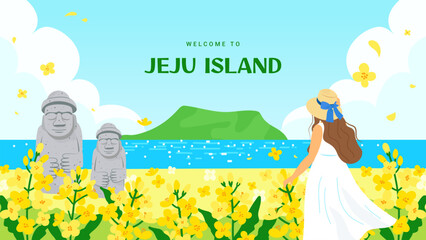 Welcome to Jeju Island poster Vector illustration. Woman watching beautiful Jeju landscape