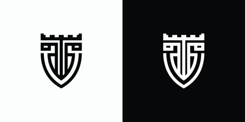 Vector logo design of the initials T in the shape of a fortress shield in a classic, simple, clean and abstract style. - obrazy, fototapety, plakaty
