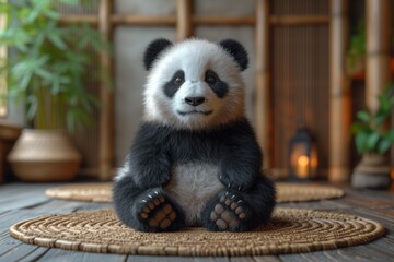A panda teddy bear is sitting on the floor at home
