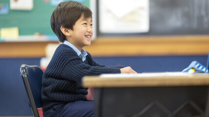 Side view of asian boy, first grader, sitting at desk in class and smiling while looking at blackboard