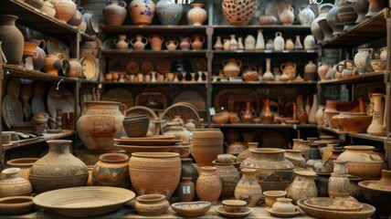 Fototapeta premium A pottery shop, a place where handmade ceramics and pottery items are sold, showcasing artisanal craftsmanship and creativity.