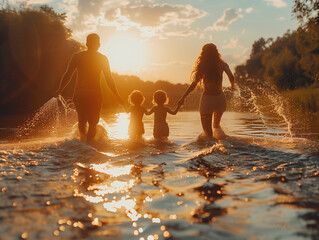 Family enjoying holidays at sunset in the nature