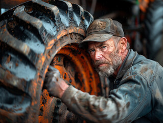 Man fixing tractor wheel in works suit