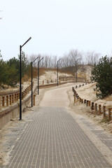 Fototapeta na wymiar modern pathway to the beach with street lights and wooden fence