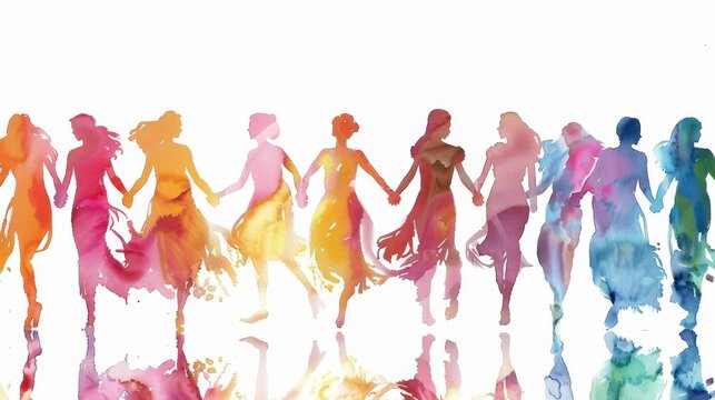 Watercolor silhouettes of women holding hands