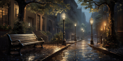 a bench is sitting under some umbrellas on a sidewalk in a rainstorm, Minimalist background - obrazy, fototapety, plakaty