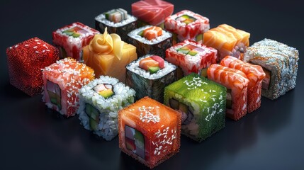 isometric cubes of multicolored sushi rolls filling