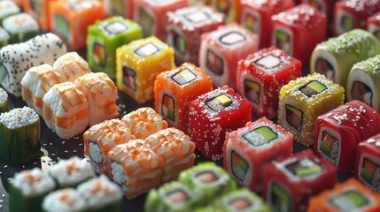 Fototapeta na wymiar isometric cubes of multicolored sushi rolls filling