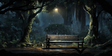 a bench is sitting under some umbrellas on a sidewalk in a rainstorm, Minimalist background