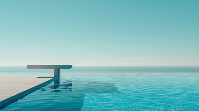 Diving board over a crystal-clear swimming pool, with copy space