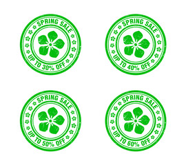 Spring sale green grunge stamp set. Sale 30, 40, 50, 60 percent off discount