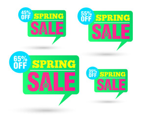 Spring sale. Tag speech green bubble. Sale 35%, 45%, 55%, 65% off discount