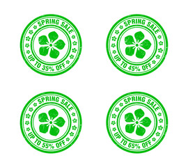 Spring sale green grunge stamp set. Sale 35, 45, 55, 65 percent off discount