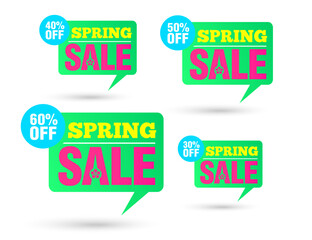 Spring sale. Tag speech green bubble. Sale 30%, 40%, 50%, 60% off discount