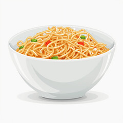 Bowl of hot stir fried noodles  with pepper and peas, mint leaf on top, isolated on white background