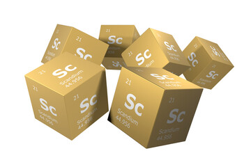 Scandium, 3D rendering of symbols of the elements of the periodic table, atomic number, atomic weight, name and symbol. Education, science and technology. 3D illustration