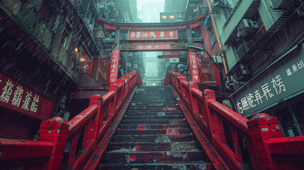 Rainy Urban Stairs: A Close-Up View in the City Monsoon Season
