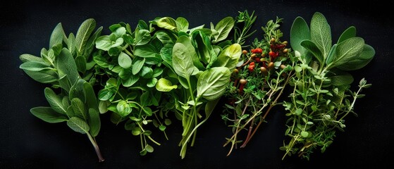 herbs vegetables, with plain black background, with empty copy space