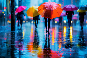 Colorful Umbrellas on Rainy City Street