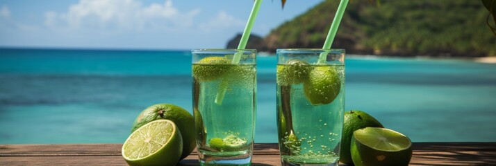 Refreshing mojito cocktail on the right side with a beautiful tropical beach background