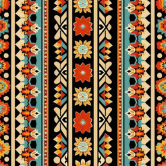 A colorful floral patterned fabric with a black background