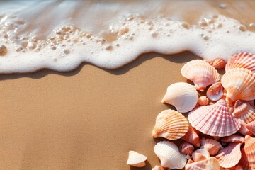 Fototapeta na wymiar Stunning view of a beautiful seashell resting on the sandy beach shoreline, tranquil coastal scene
