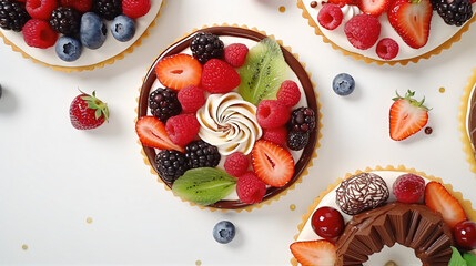 Luxury tartlets on white table top view chocolate - obrazy, fototapety, plakaty