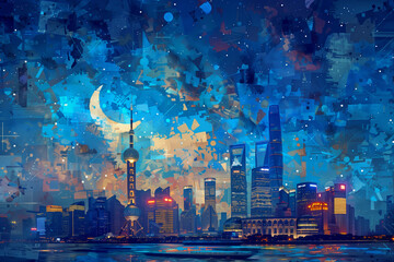 Shanghai skyline at night illustration artwork moonlit mosaic geometric shapes concept - obrazy, fototapety, plakaty
