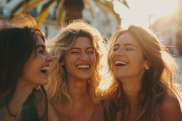 Fototapeta premium Happy girlfriends having fun laughing out loud on city street