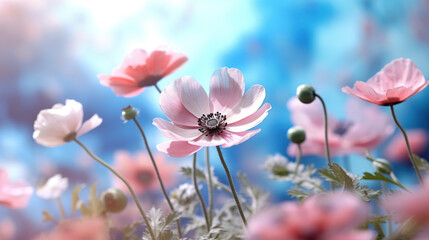 Obraz na płótnie Canvas Beautiful pink flowers anemones fresh spring morning on nature and flying blue butterfly on soft blue background